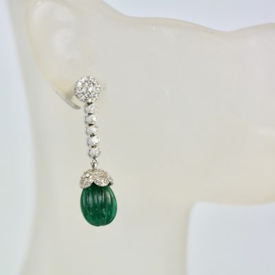 Emerald Fluted Ribbed Diamond Drop Earrings - model #4