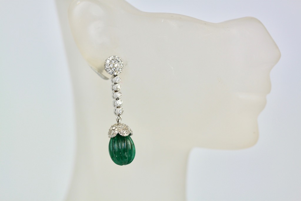 Emerald Fluted Ribbed Diamond Drop Earrings – model close