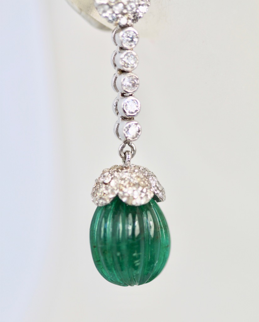 Emerald Fluted Ribbed Diamond Drop Earrings – hanging