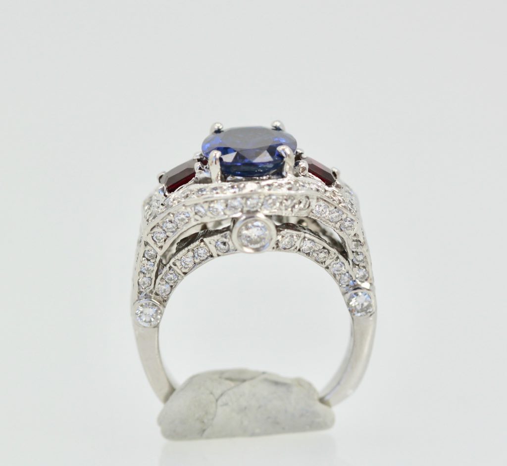 Sapphire Ruby Diamond Ring – bottom view on stand
