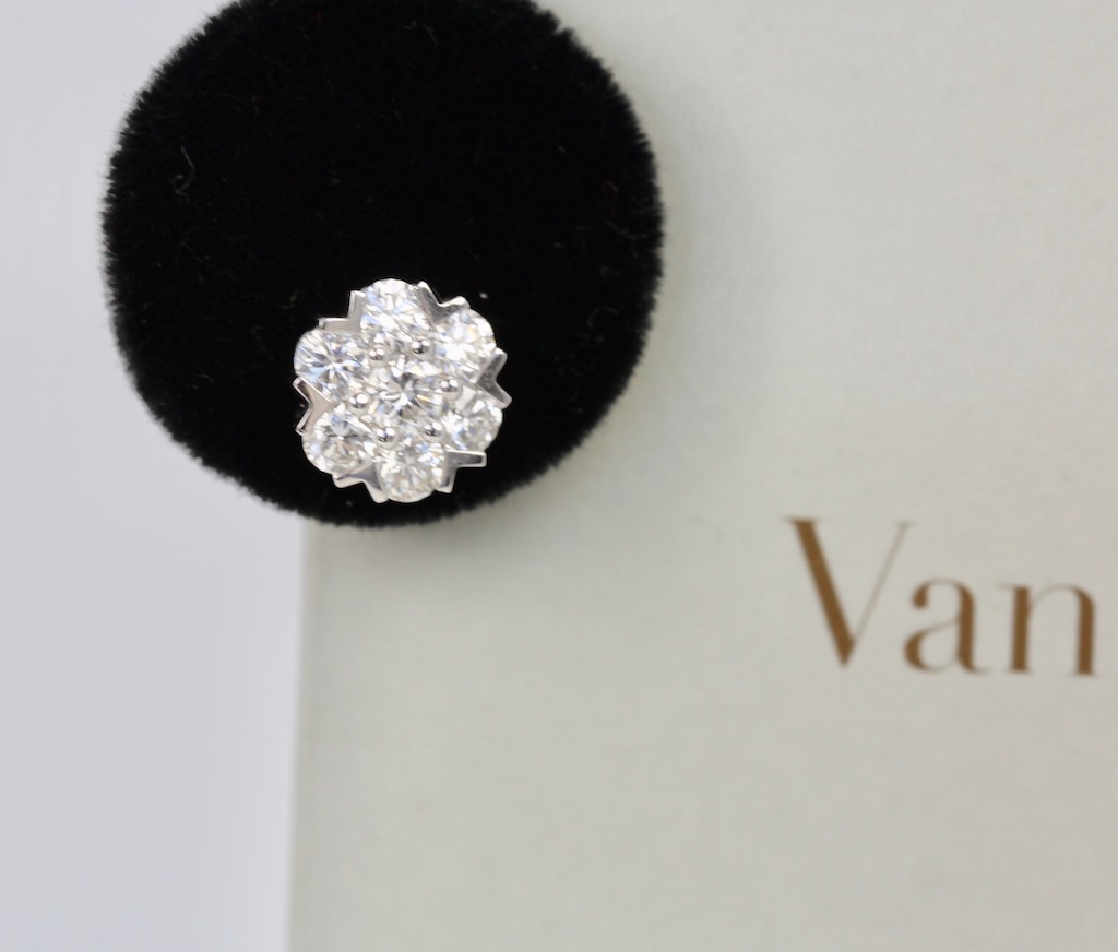 Van Cleef & Arpels Fleurette Large Diamond Stud Earrings – close on stand