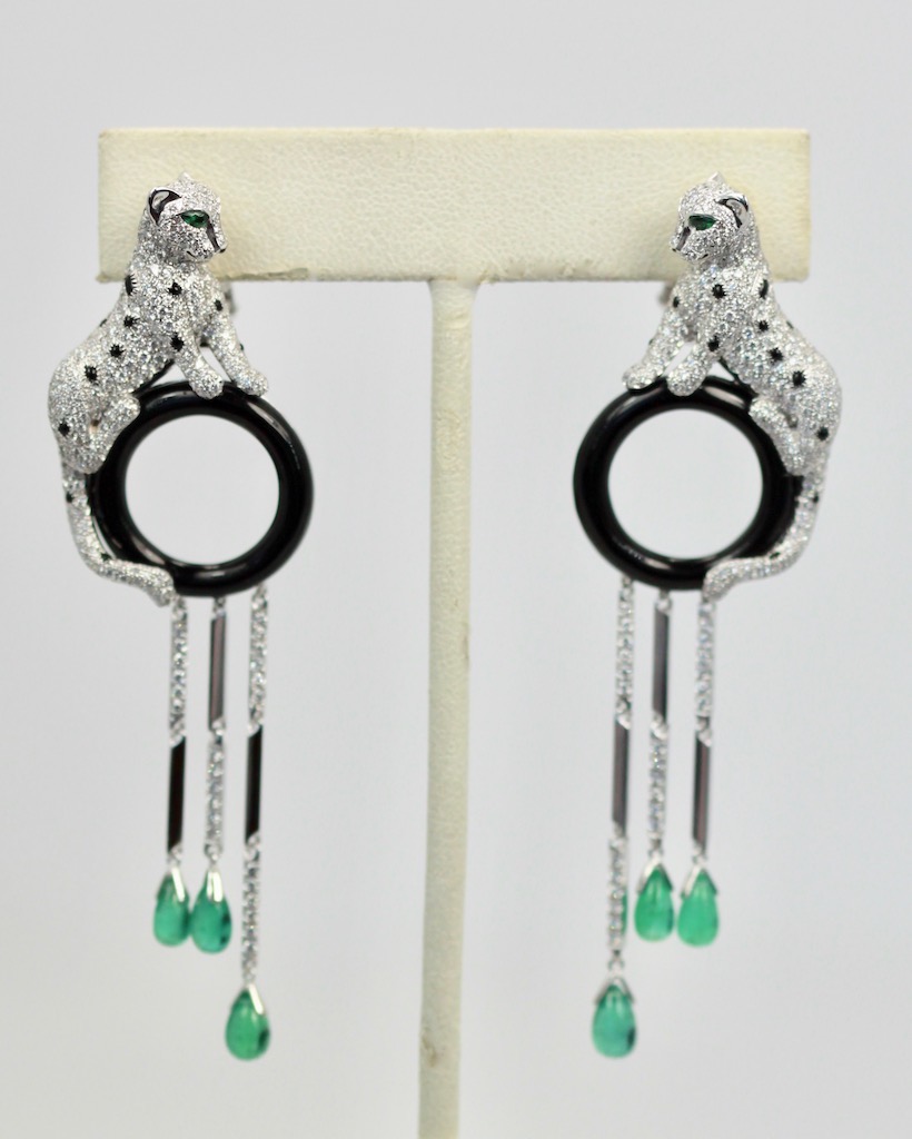 Cartier Diamond Panthere Earrings with Onyx and Emeralds 18K – on stand