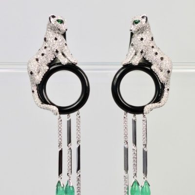 Cartier Diamond Panthere Earrings with Onyx and Emeralds 18K