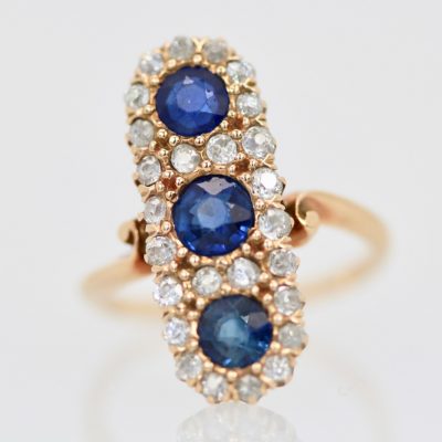 Victorian 3 Sapphire Diamond Lozenge Ring - close up #2