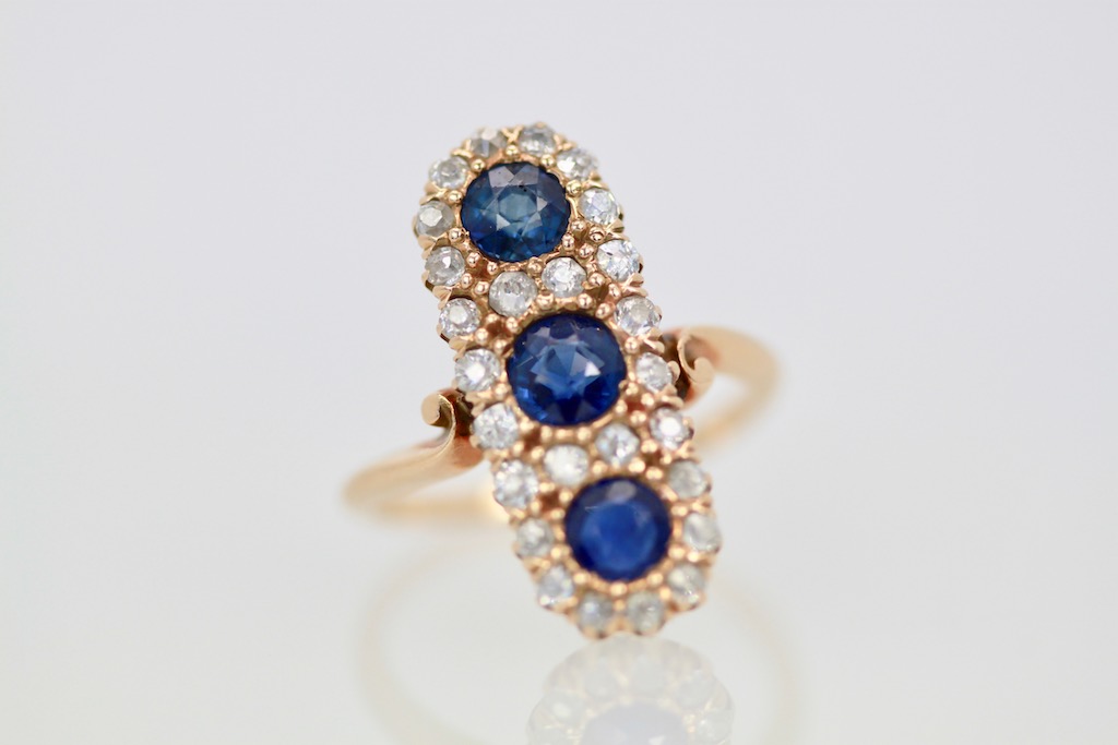 Victorian 3 Sapphire Diamond Lozenge Ring
