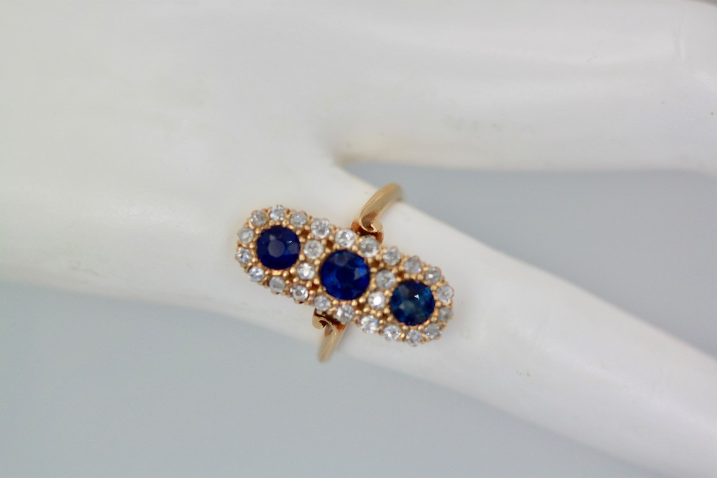 Victorian 3 Sapphire Diamond Lozenge Ring – on model #2