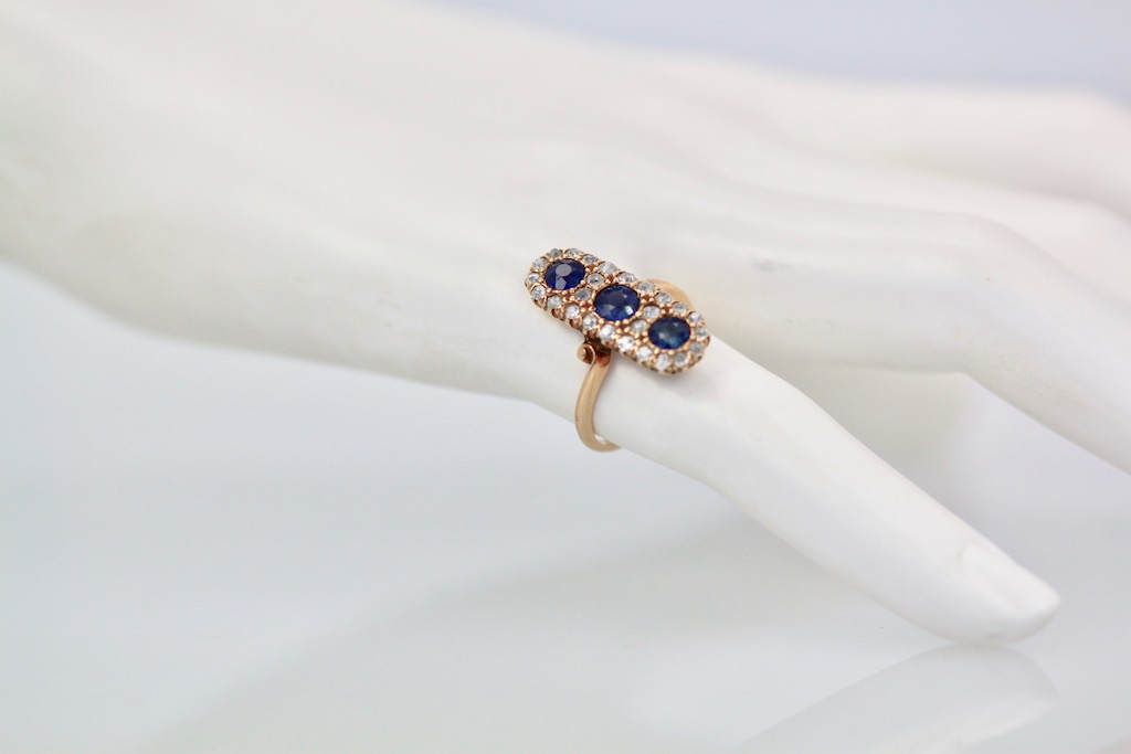 Victorian 3 Sapphire Diamond Lozenge Ring – on model