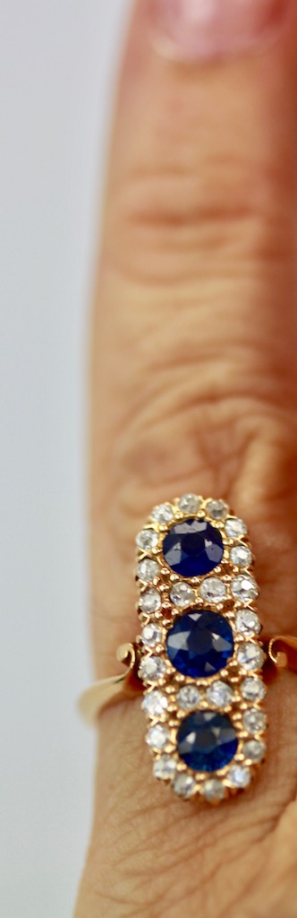 Victorian 3 Sapphire Diamond Lozenge Ring – on finger