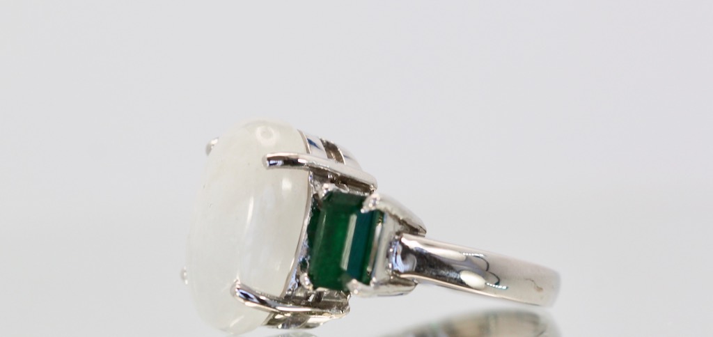 Moonstone 3 stone Ring with Emeralds – left side