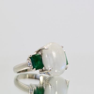 Moonstone 3 stone Ring with Emeralds - left angle detail