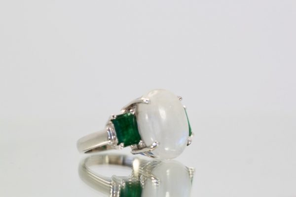 Moonstone 3 stone Ring with Emeralds - left angle detail