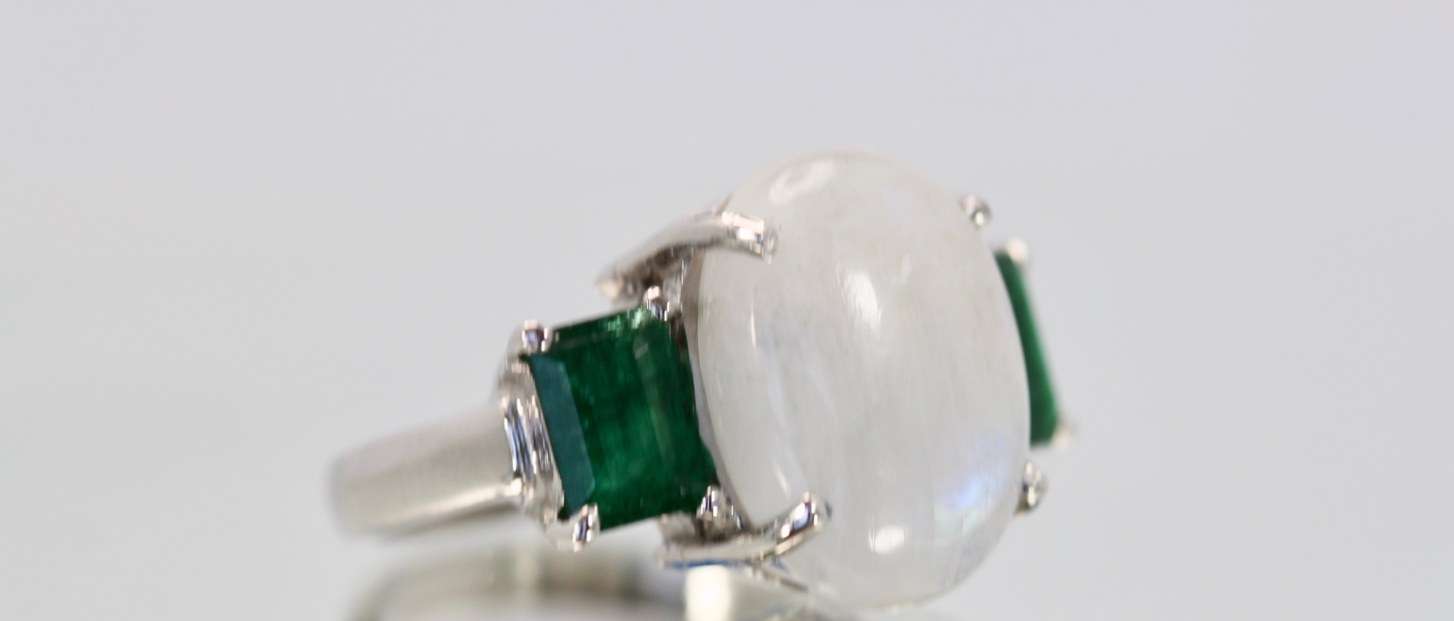 Moonstone 3 stone Ring with Emeralds – right angle