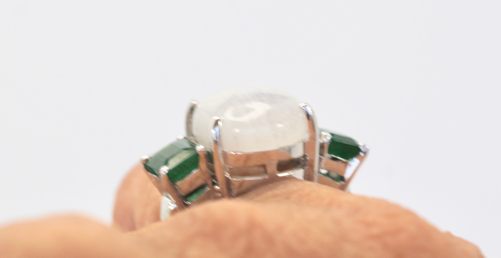 Moonstone 3 stone Ring with Emeralds – bottom angle