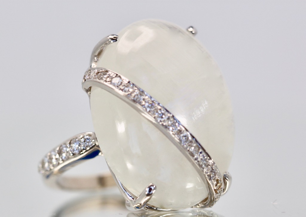 Moonstone Diamond Mount 18 Karat Ring – close up