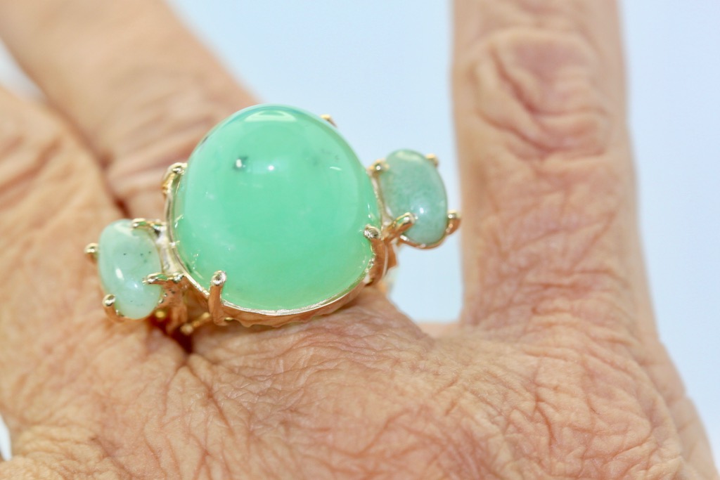 18K Bullet Chalcedony and Jade 3 Stone Ring in Yellow Gold – on finger