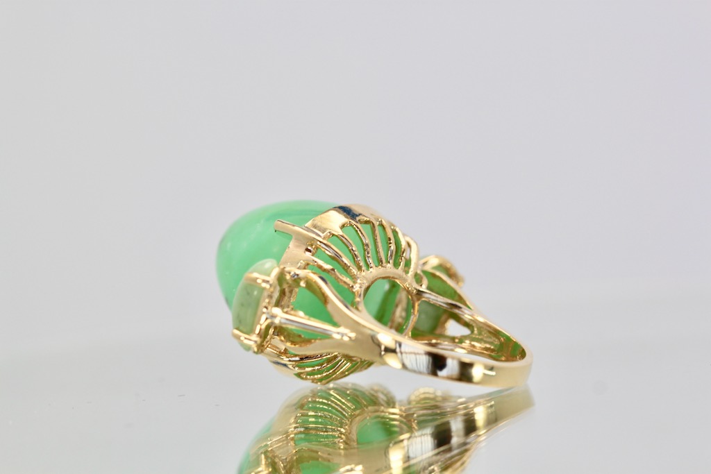 18K Bullet Chalcedony and Jade 3 Stone Ring in Yellow Gold – left back angle
