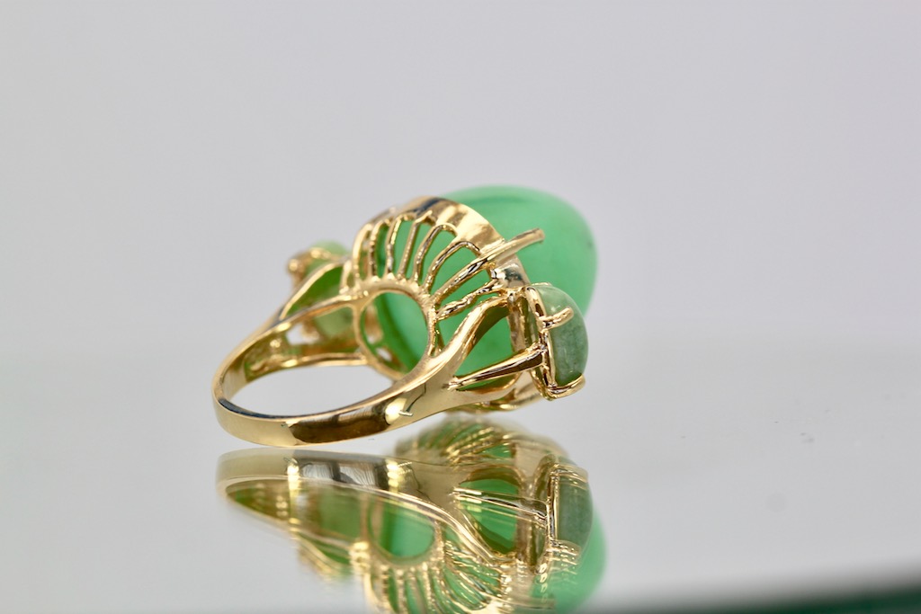 18K Bullet Chalcedony and Jade 3 Stone Ring in Yellow Gold – right back angle