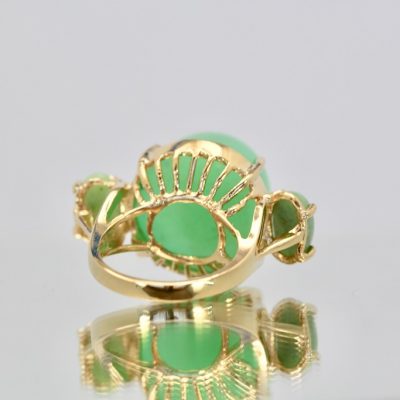 18K Bullet Chalcedony and Jade 3 Stone Ring in Yellow Gold - back angle