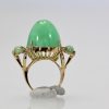 18K Bullet Chalcedony and Jade 3 Stone Ring in Yellow Gold - on stand