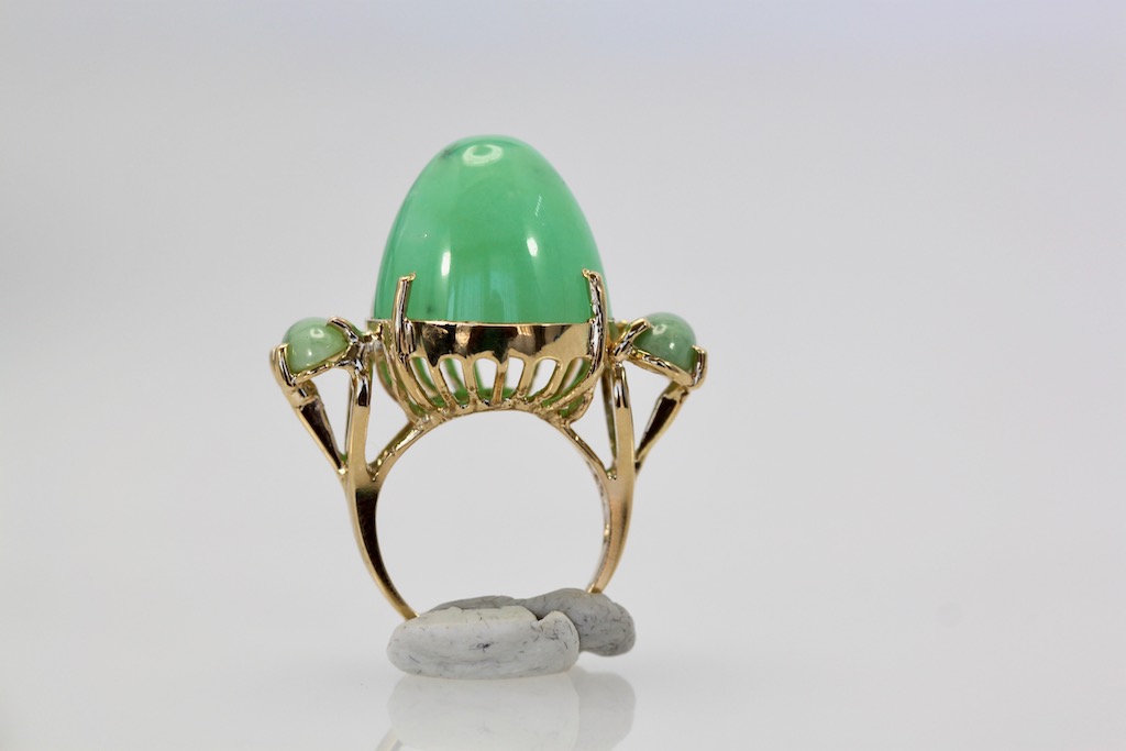 18K Bullet Chalcedony and Jade 3 Stone Ring in Yellow Gold – on stand