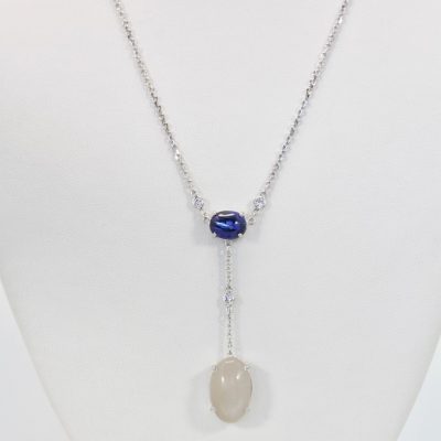 Sapphire Moonstone Diamond Drop Necklace 18K - model #2