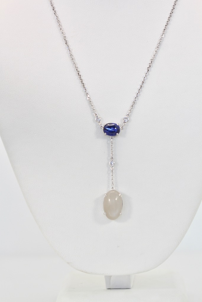 Sapphire Moonstone Diamond Drop Necklace 18K – model