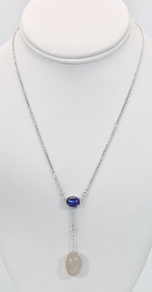 Sapphire Moonstone Diamond Drop Necklace 18K – model entire