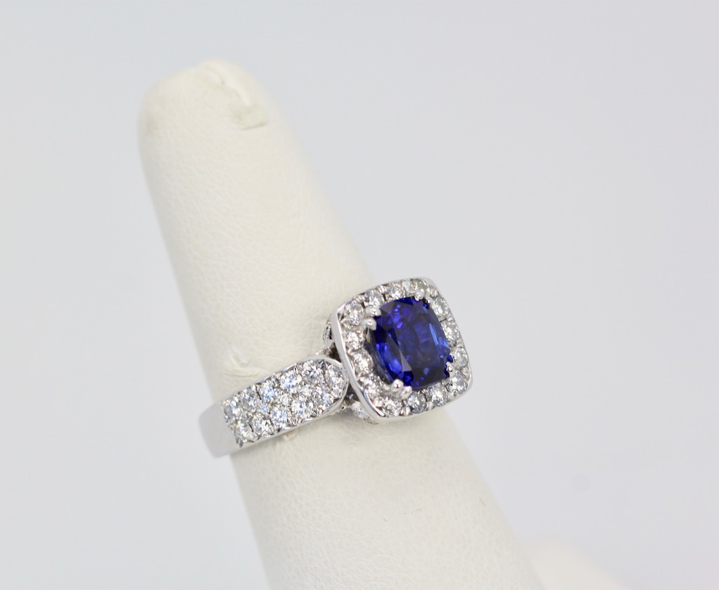 Burma Sapphire Ring with Diamond Surround 18k – side angle