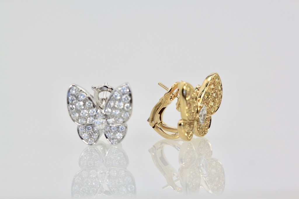 Van Cleef & Arpels White Diamond Yellow Sapphire Butterfly Earrings – front and side