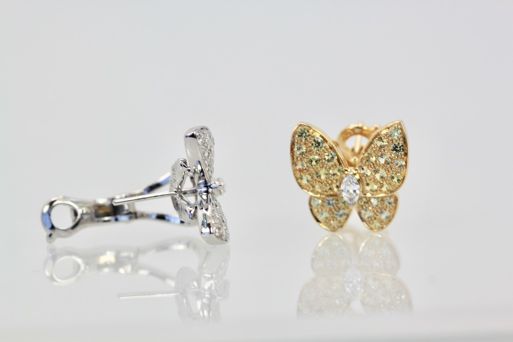 Van Cleef & Arpels White Diamond Yellow Sapphire Butterfly Earrings – side and front