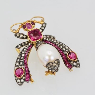 Antique Ruby Pearl Diamond Insect Brooch Pendant - close up