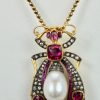 Antique Ruby Pearl Diamond Insect Brooch Pendant - on chain