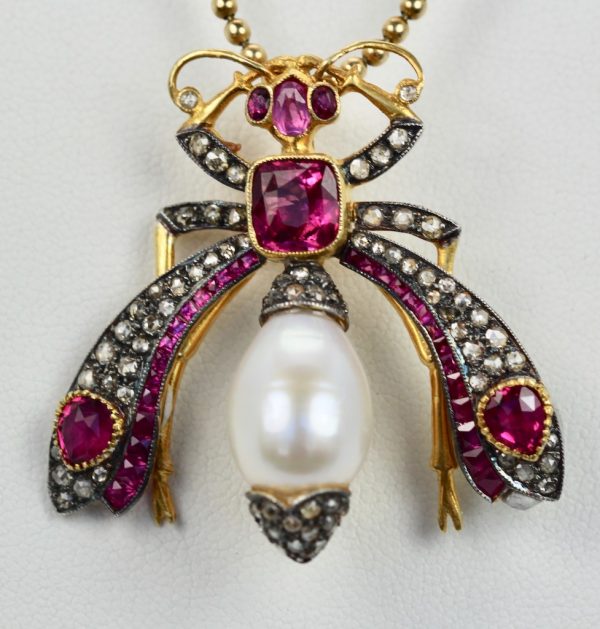 Antique Ruby Pearl Diamond Insect Brooch Pendant - detail