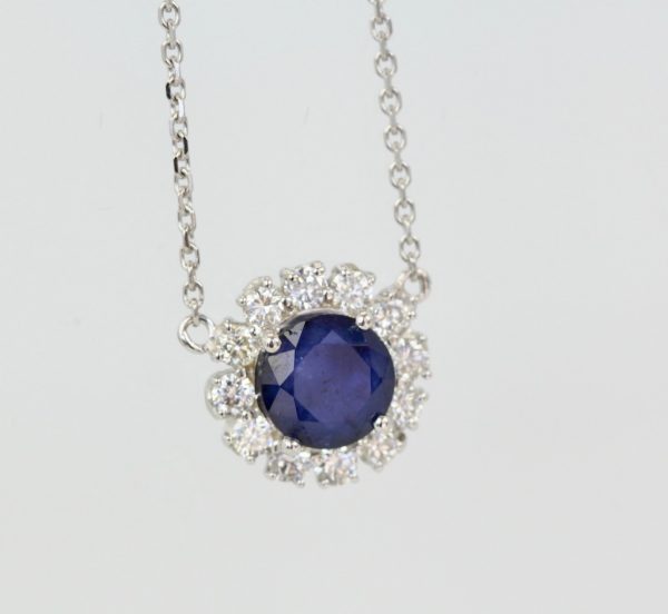 Blue Sapphire Pendant Necklace with Diamond Surround - detail