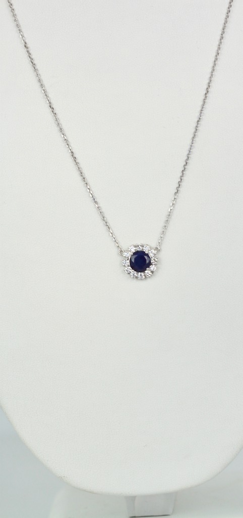 Blue Sapphire Pendant Necklace with Diamond Surround – hanging
