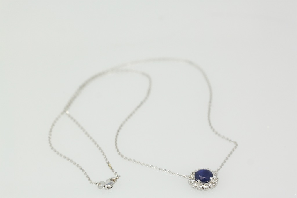 Blue Sapphire Pendant Necklace with Diamond Surround –  entire
