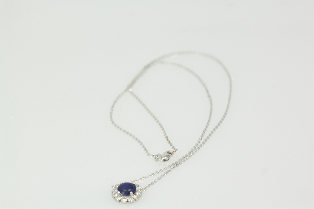 Blue Sapphire Pendant Necklace with Diamond Surround –  entire 2
