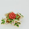 French 18 Karat Enamel, Pearl, Coral, Maltese Cross Flower Brooch Pendant -angle