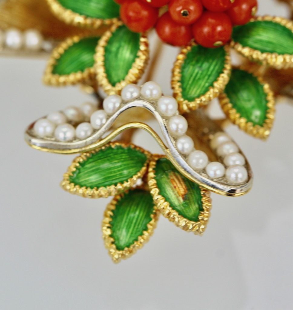 French 18 Karat Enamel, Pearl, Coral, Maltese Cross Flower Brooch Pendant – close up bottom