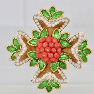 French 18 Karat Enamel, Pearl, Coral, Maltese Cross Flower Brooch Pendant