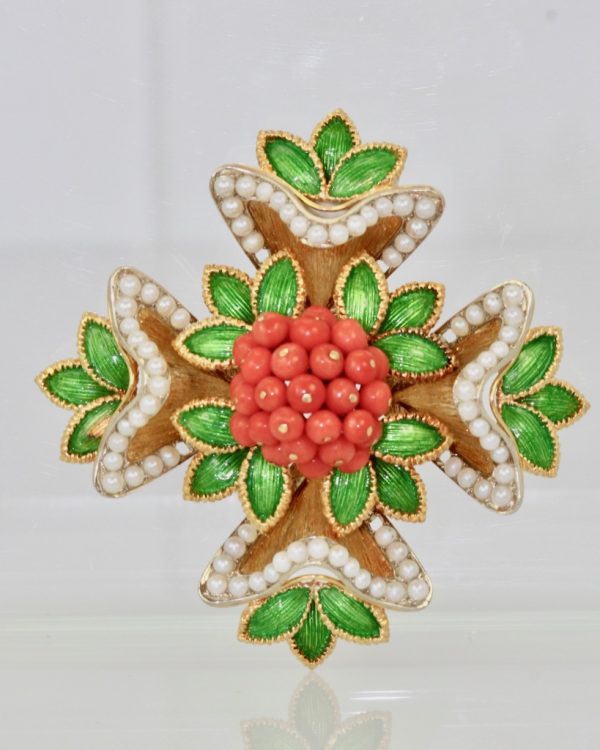 French 18 Karat Enamel, Pearl, Coral, Maltese Cross Flower Brooch Pendant