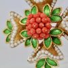 French 18 Karat Enamel, Pearl, Coral, Maltese Cross Flower Brooch Pendant - close up