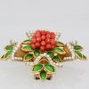 French 18 Karat Enamel, Pearl, Coral, Maltese Cross Flower Brooch Pendant - close up flat angle