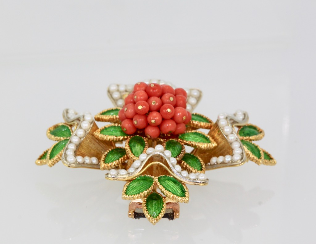 French 18 Karat Enamel, Pearl, Coral, Maltese Cross Flower Brooch Pendant – close up flat angle