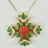 French 18 Karat Enamel, Pearl, Coral, Maltese Cross Flower Brooch Pendant - hanging on chain