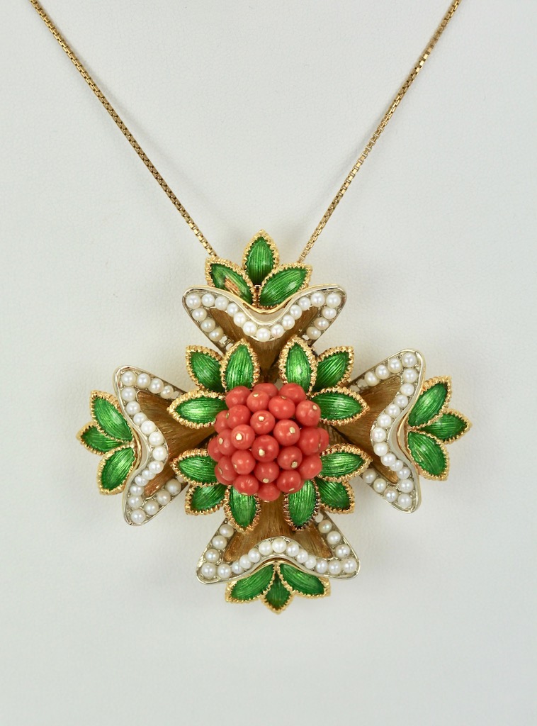 French 18 Karat Enamel, Pearl, Coral, Maltese Cross Flower Brooch Pendant – hanging on chain