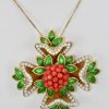 French 18 Karat Enamel, Pearl, Coral, Maltese Cross Flower Brooch Pendant - detail