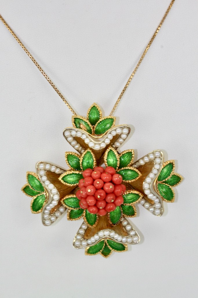 French 18 Karat Enamel, Pearl, Coral, Maltese Cross Flower Brooch Pendant – detail