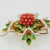 French 18 Karat Enamel, Pearl, Coral, Maltese Cross Flower Brooch Pendant - flat angle