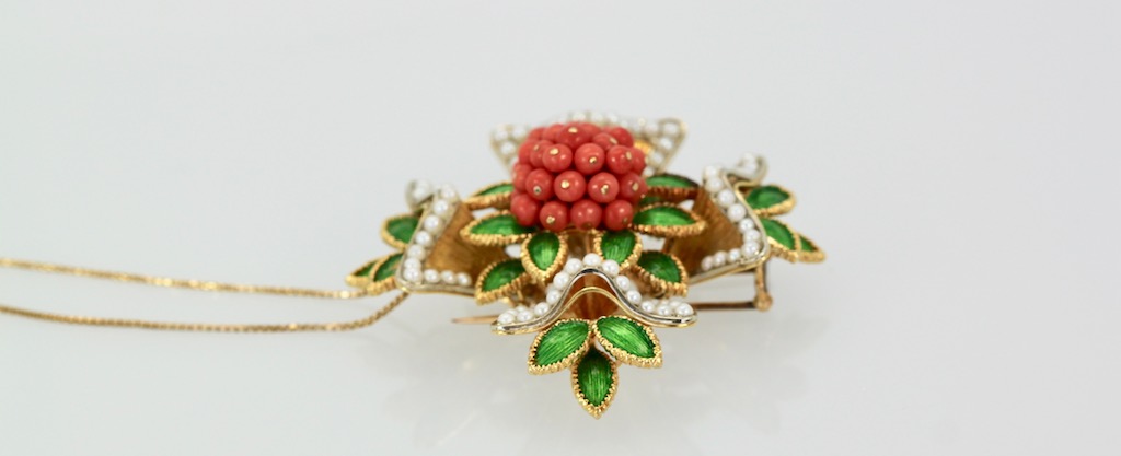 French 18 Karat Enamel, Pearl, Coral, Maltese Cross Flower Brooch Pendant – flat angle
